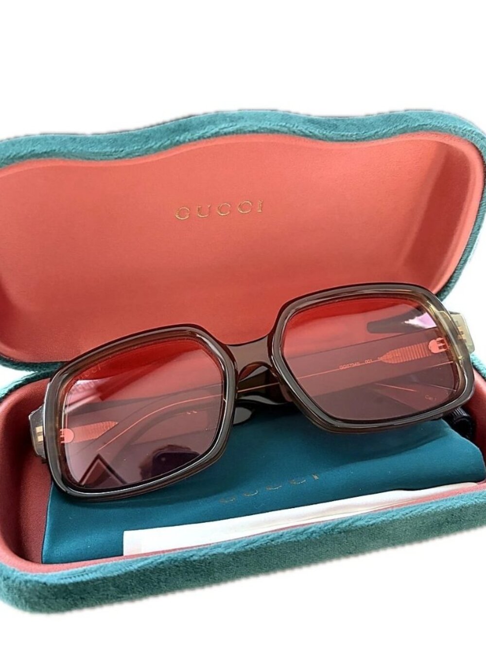 Gucci GG0704S 001 Square Sunglasses Brown Transparent Pink Lens 56mm Italy Case